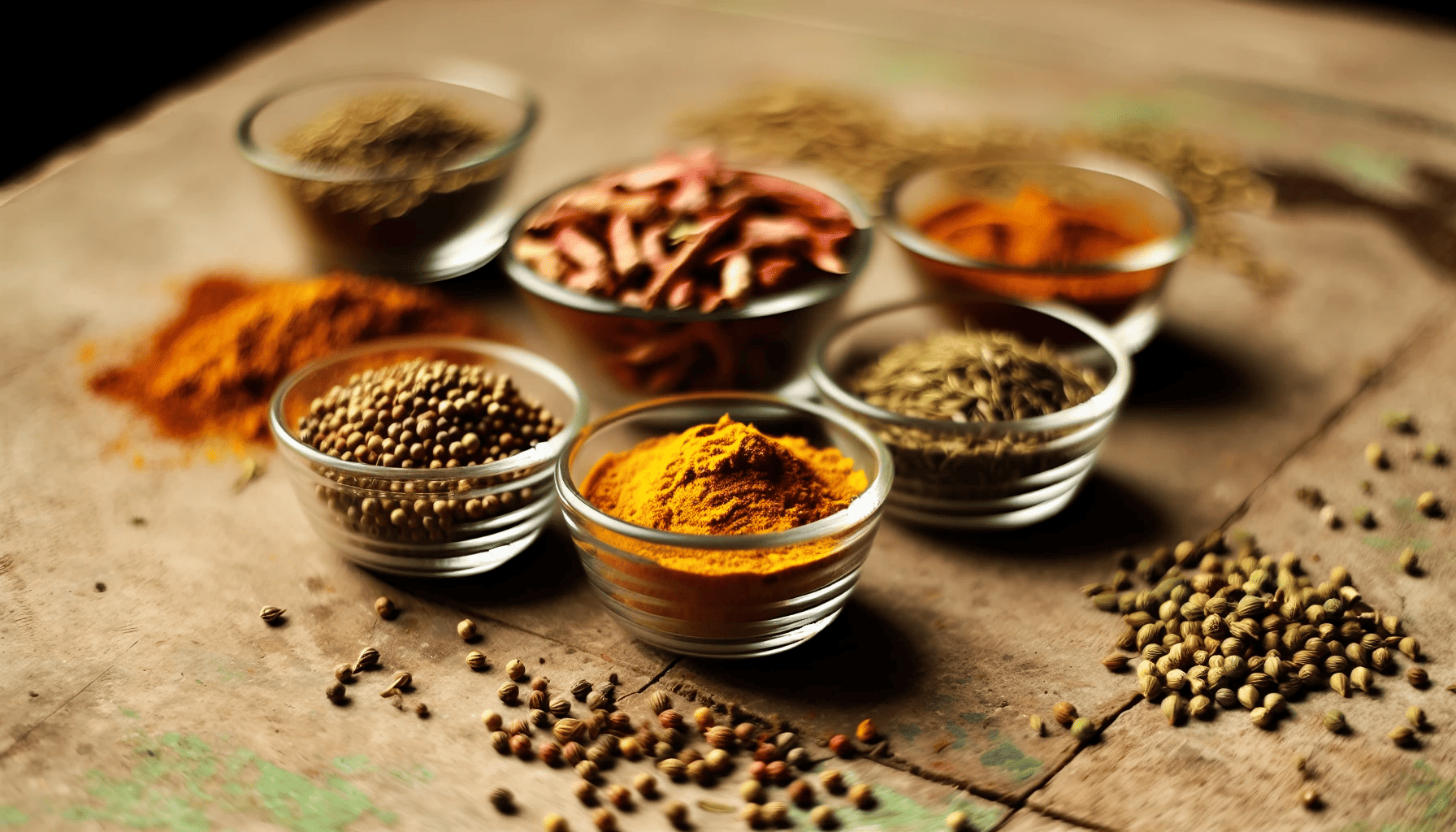 A selection of various colorful Indian spices in bowls